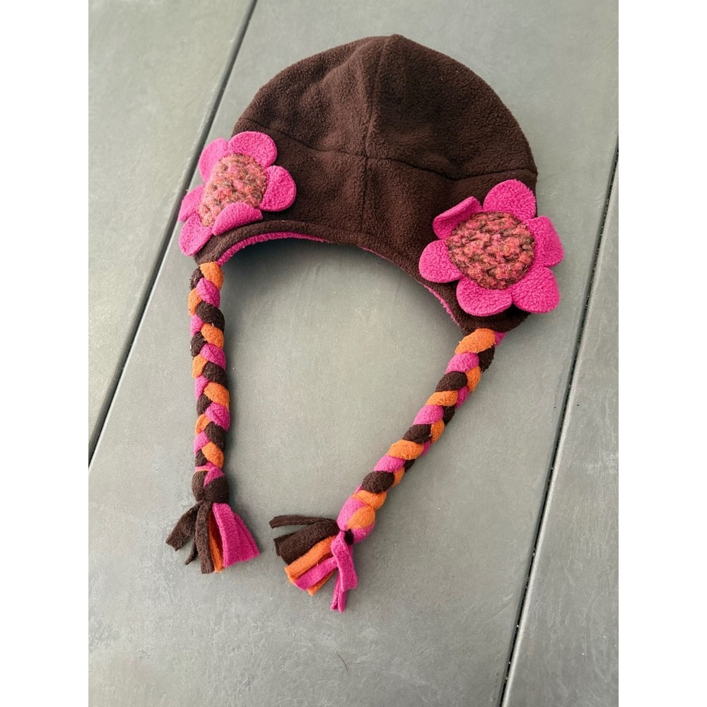 Tuff Cookie Fleece Flower Trapper Hat Brown Pink Braided Tassels Kids